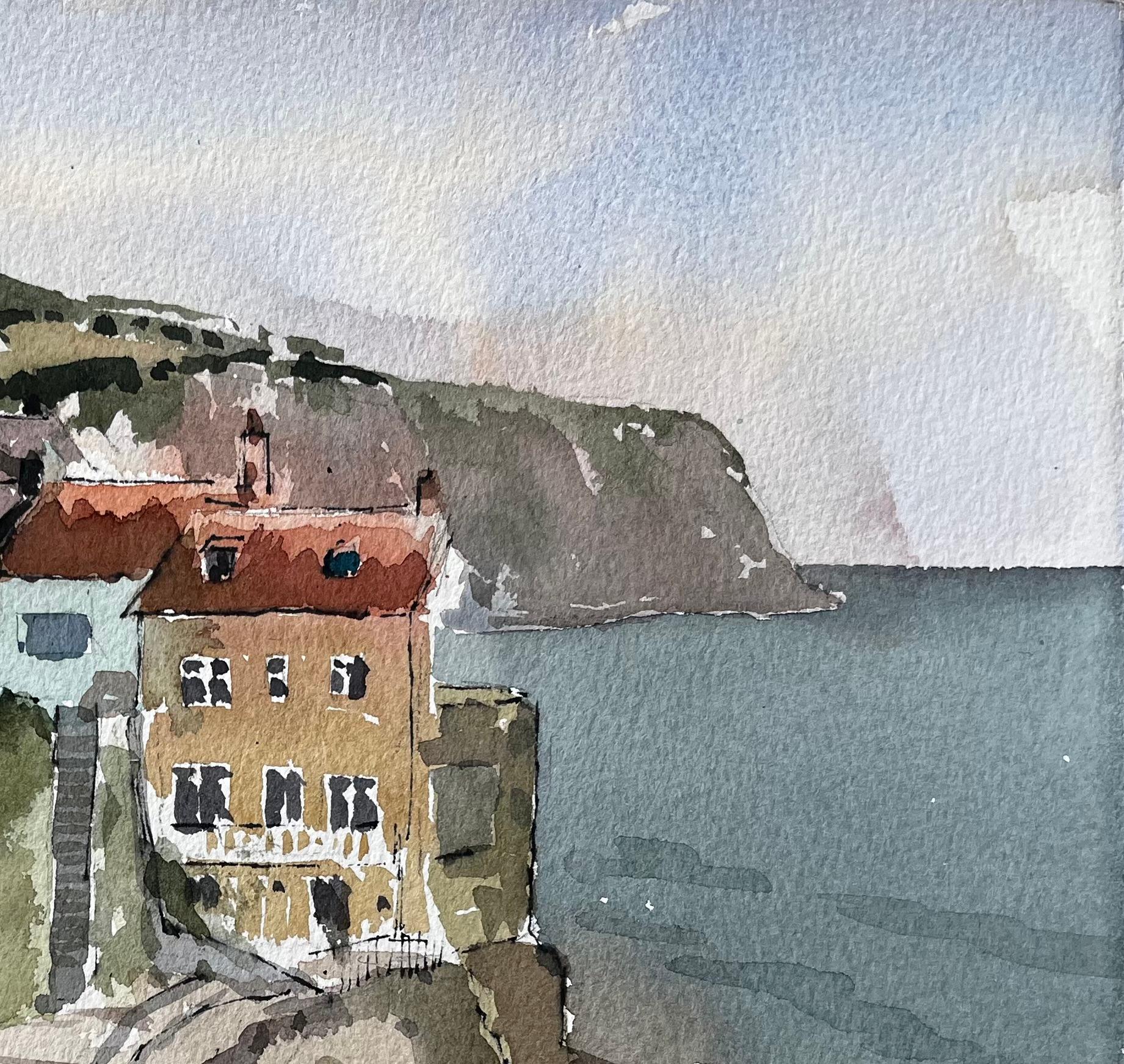 Robin Hoods Bay Seafront Path with Red Roofed Cottages Yorkshire Coast 1983 - Gris Landscape Painting par Anthony Herbert