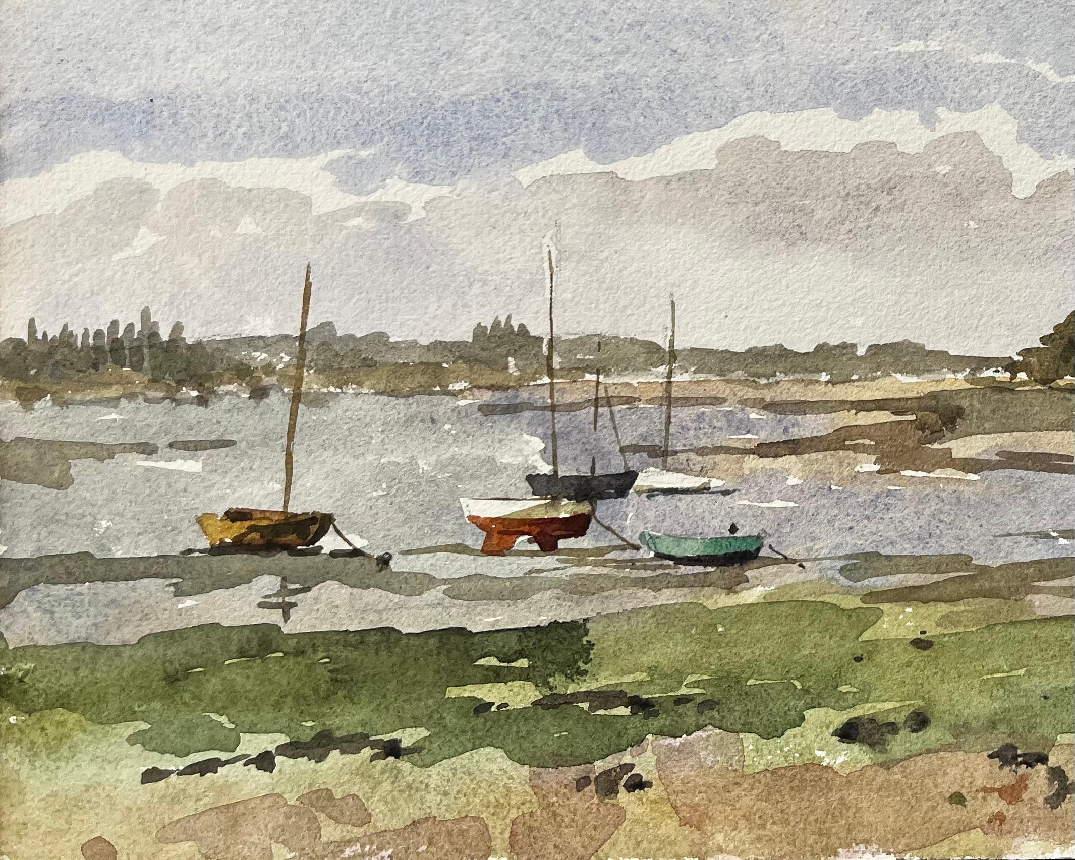 Segelboote bei Ebbe mit grasbewachsenem Ufer Dell Quay Harbour Sussex bei Chichester (Impressionismus), Art, von Anthony Herbert