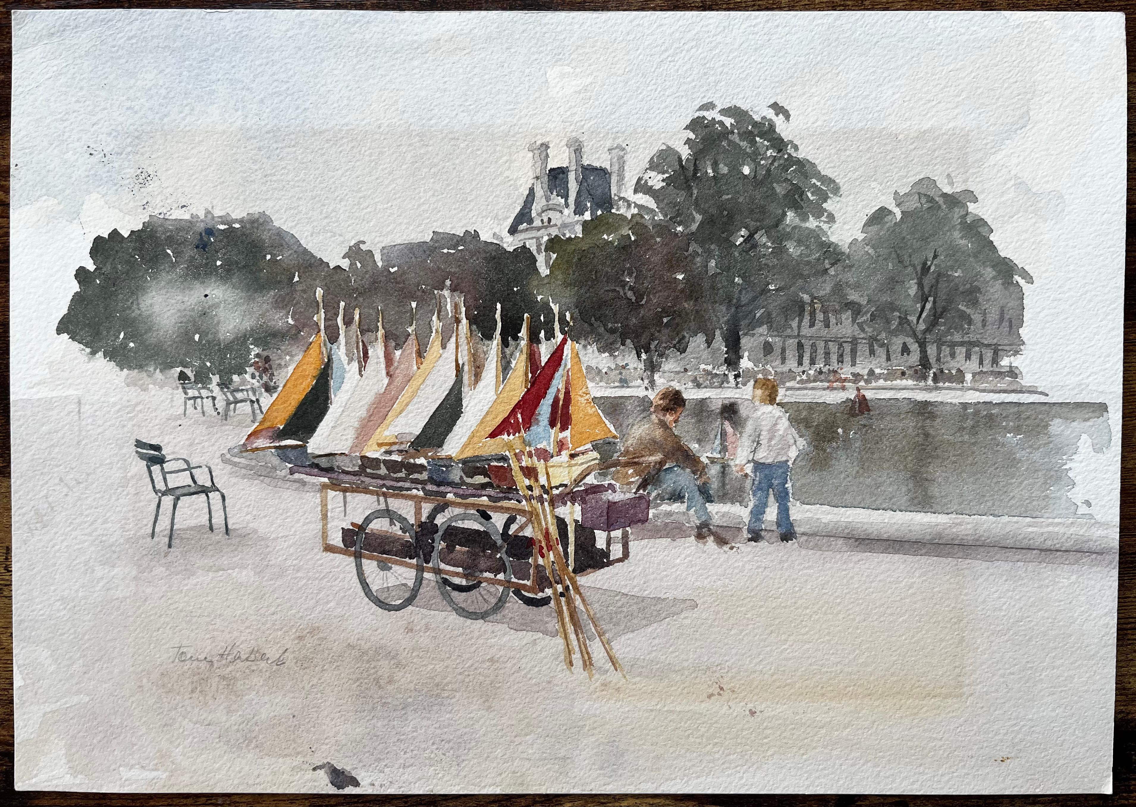 Segelboote im Jardin Du Luxembourg Paris mit Figuren am Teich – Art von Anthony Herbert