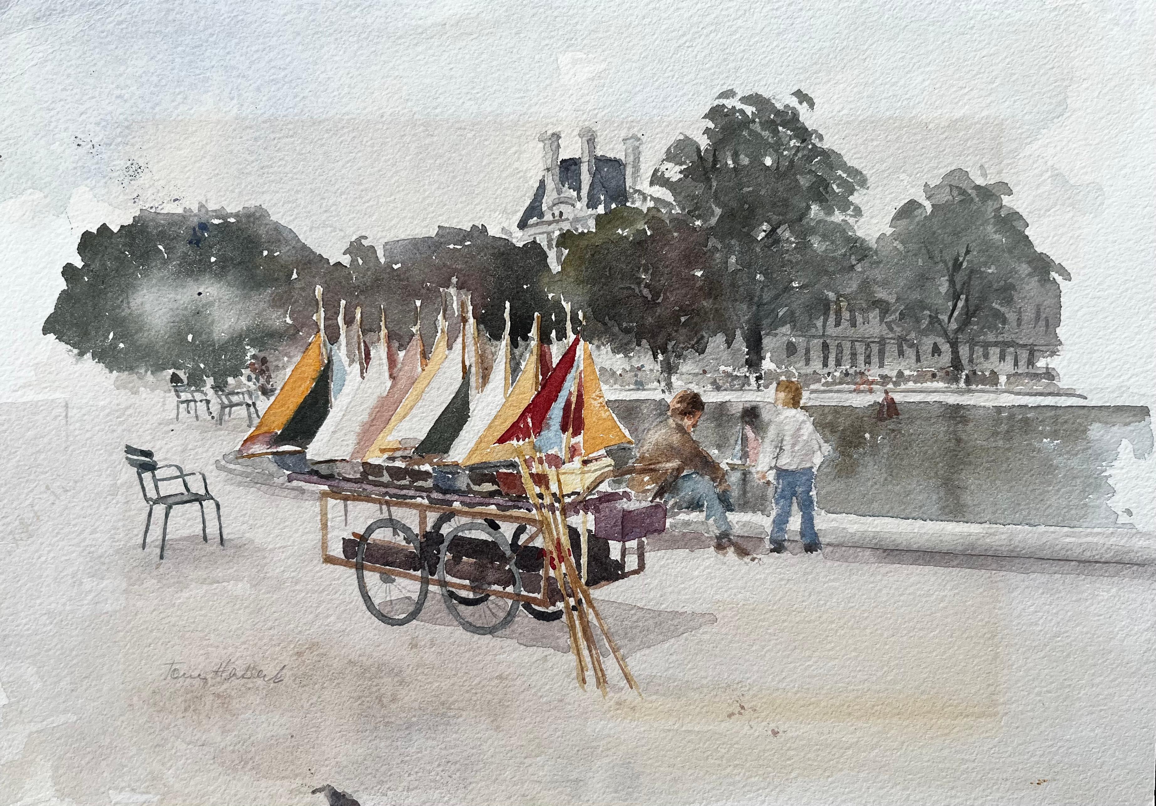 Anthony Herbert Landscape Art – Segelboote im Jardin Du Luxembourg Paris mit Figuren am Teich
