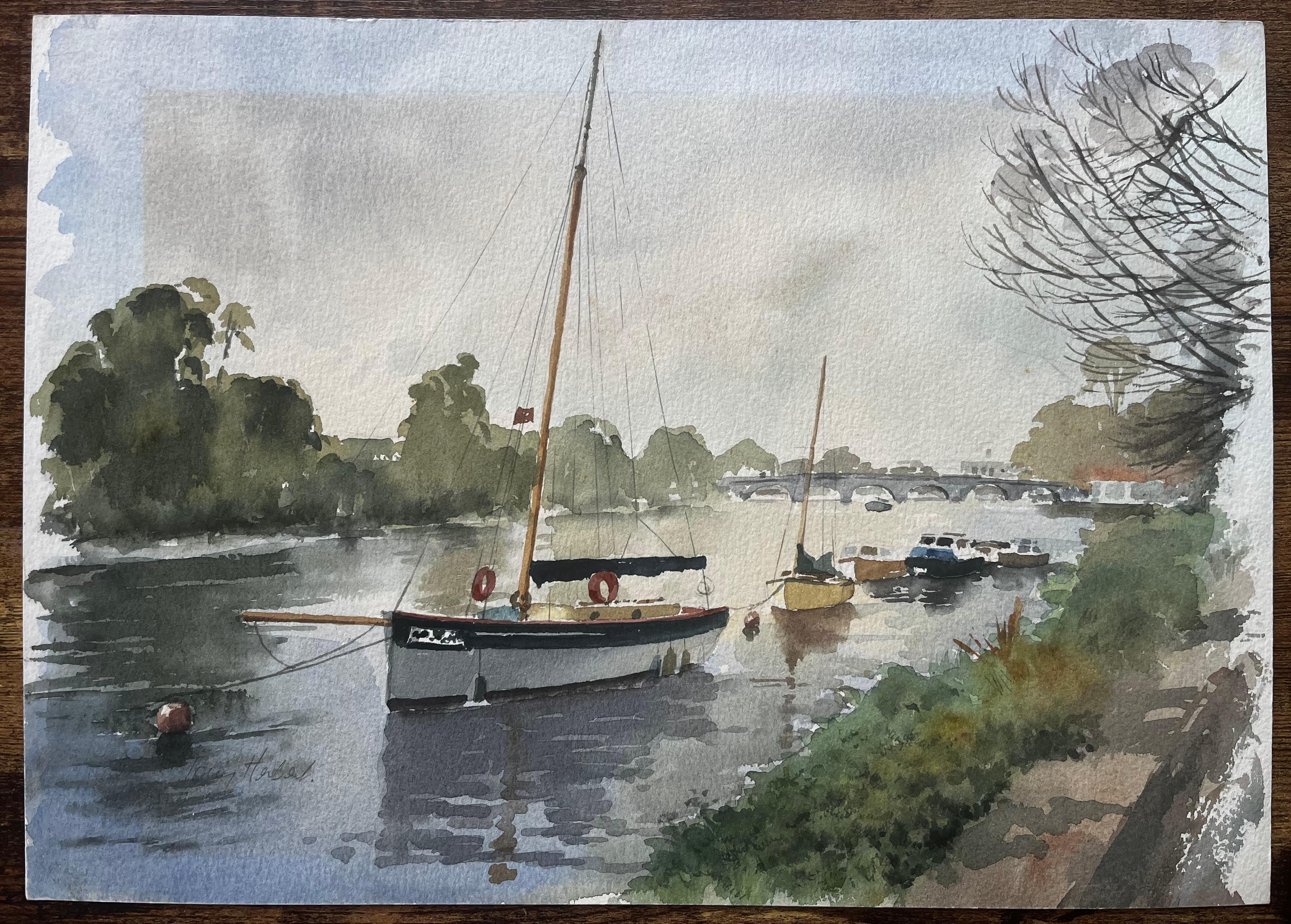 Auf der Themse vertäute Segelboote mit Blick auf die Richmond Bridge Aquarell – Art von Anthony Herbert