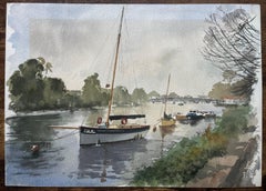 Sailing Boats Moored on the Thames with View to Richmond Bridge Watercolour