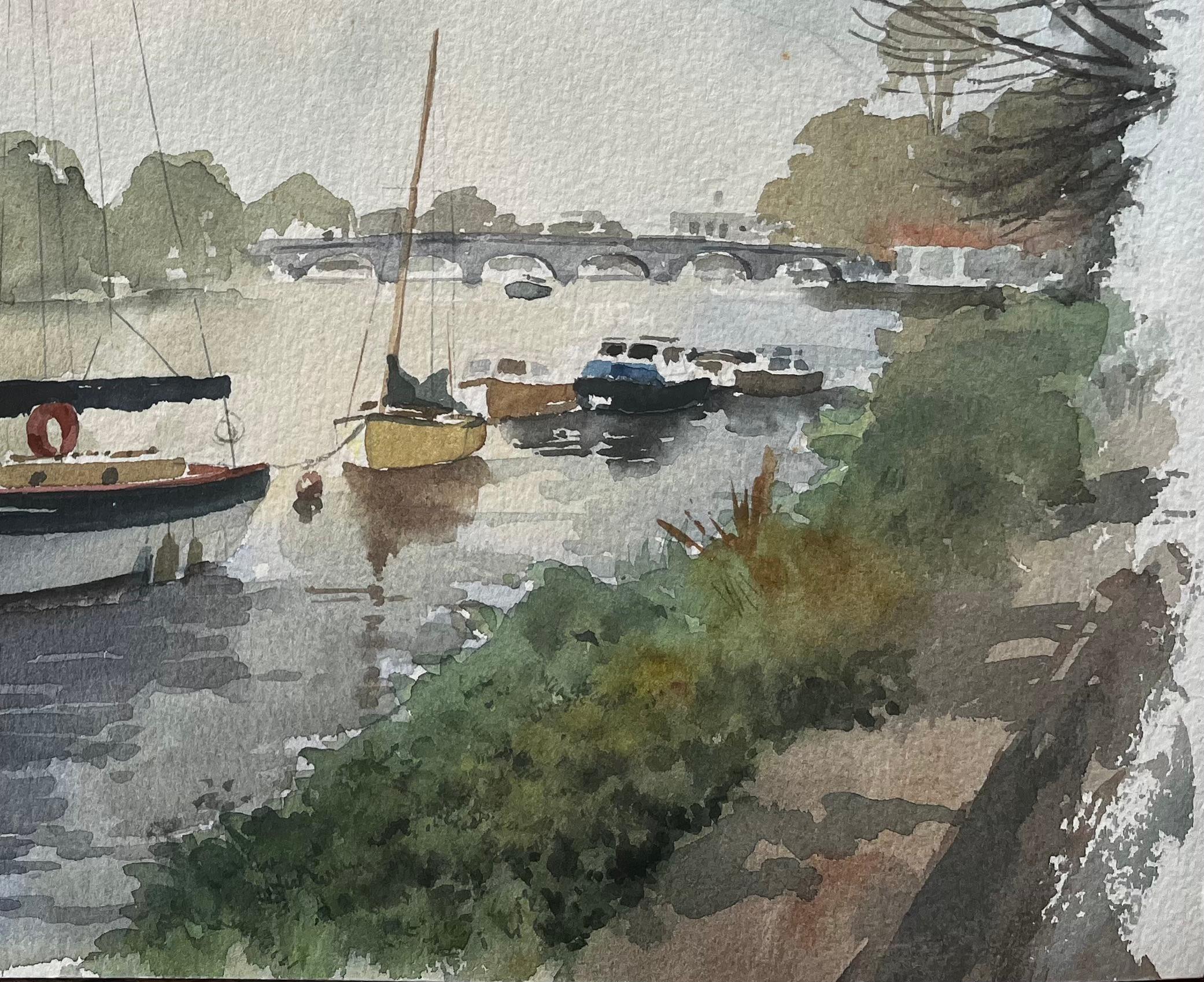 Auf der Themse vertäute Segelboote mit Blick auf die Richmond Bridge Aquarell (Impressionismus), Art, von Anthony Herbert