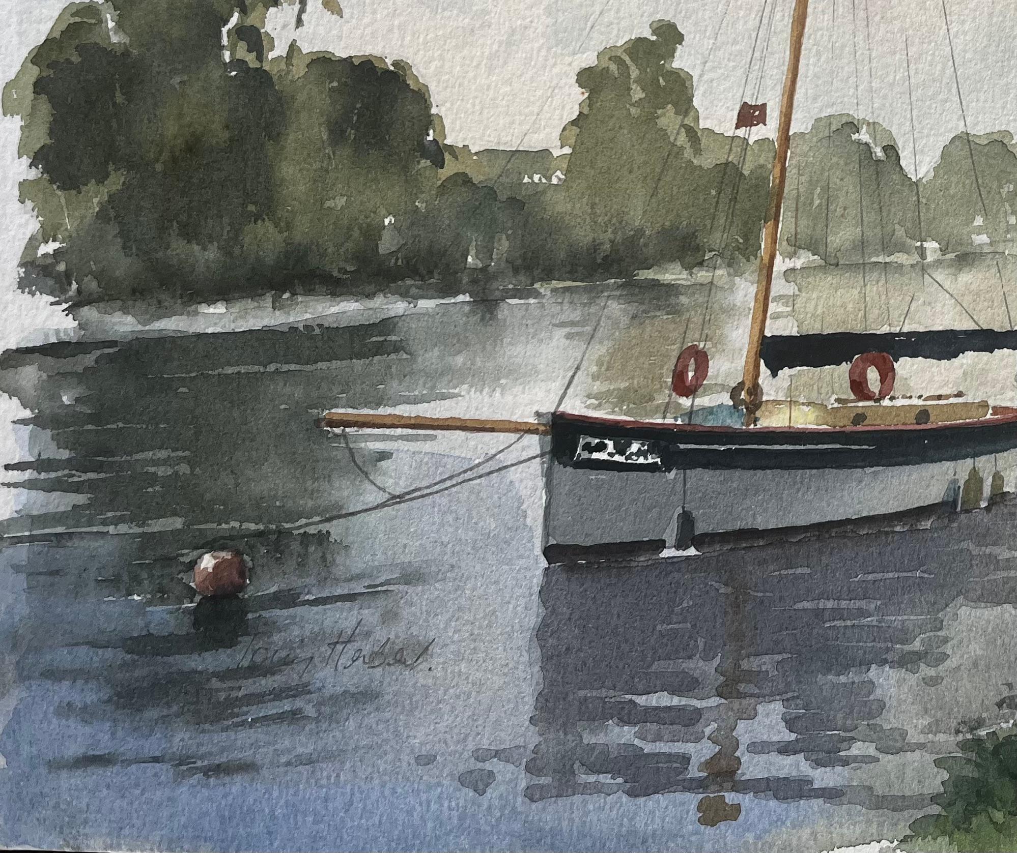 Auf der Themse vertäute Segelboote mit Blick auf die Richmond Bridge Aquarell (Grau), Landscape Art, von Anthony Herbert