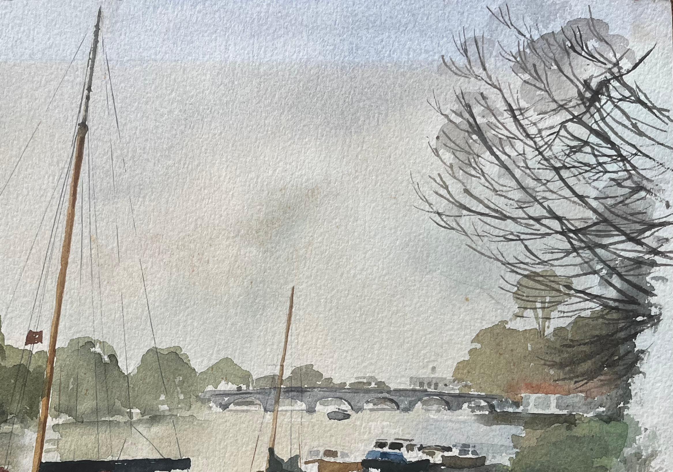 Auf der Themse vertäute Segelboote mit Blick auf die Richmond Bridge Aquarell im Angebot 1