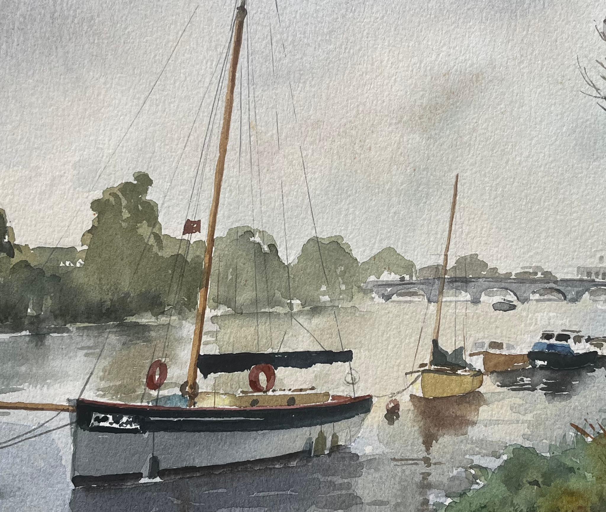 Auf der Themse vertäute Segelboote mit Blick auf die Richmond Bridge Aquarell im Angebot 2