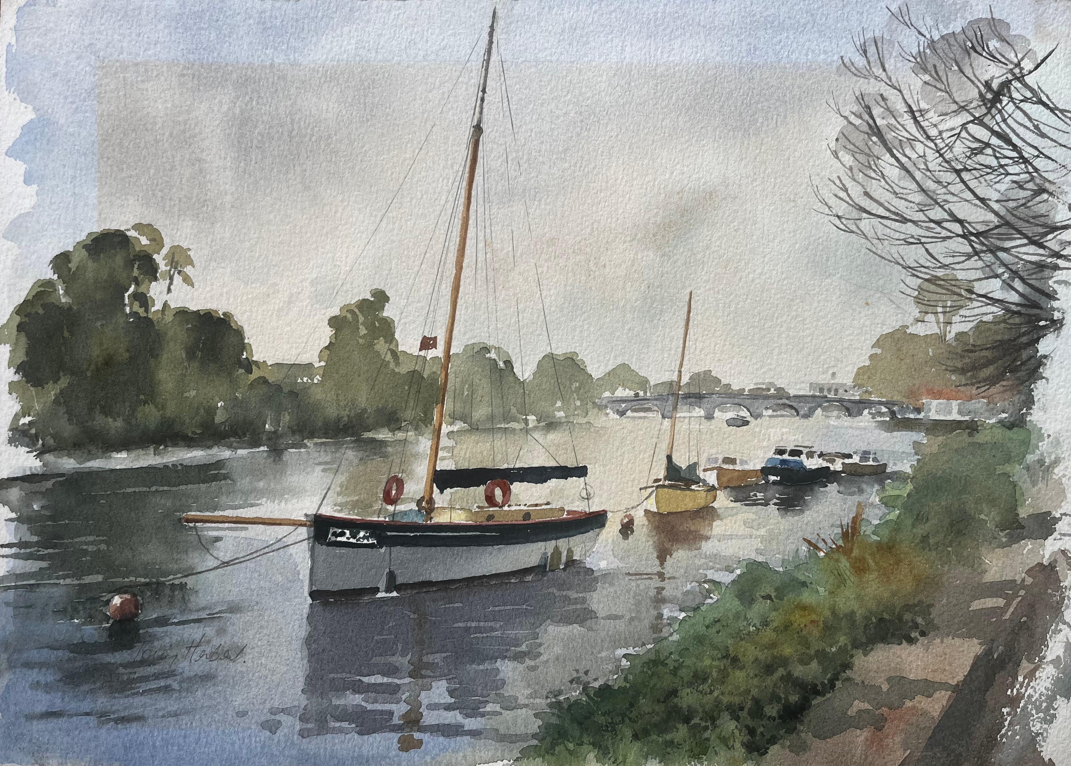 Anthony Herbert Landscape Art – Auf der Themse vertäute Segelboote mit Blick auf die Richmond Bridge Aquarell