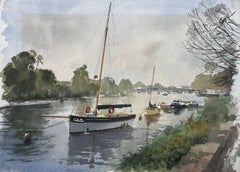 Auf der Themse vertäute Segelboote mit Blick auf die Richmond Bridge Aquarell