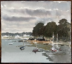 Saint Briac Bretagne Hafen Szene mit Booten und Bäumen Französisch Coastal Scene