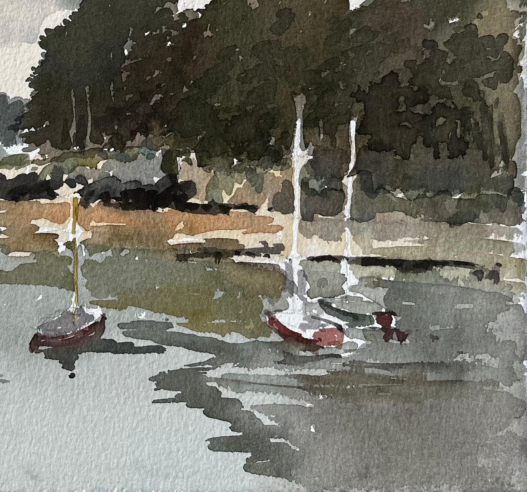 Saint Briac Bretagne Scène portuaire avec bateaux et arbres Scène côtière française - Impressionnisme Painting par Anthony Herbert