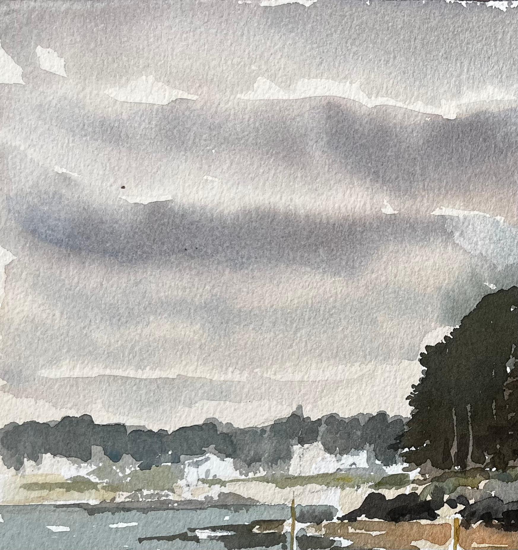 Saint Briac Bretagne Scène portuaire avec bateaux et arbres Scène côtière française en vente 2