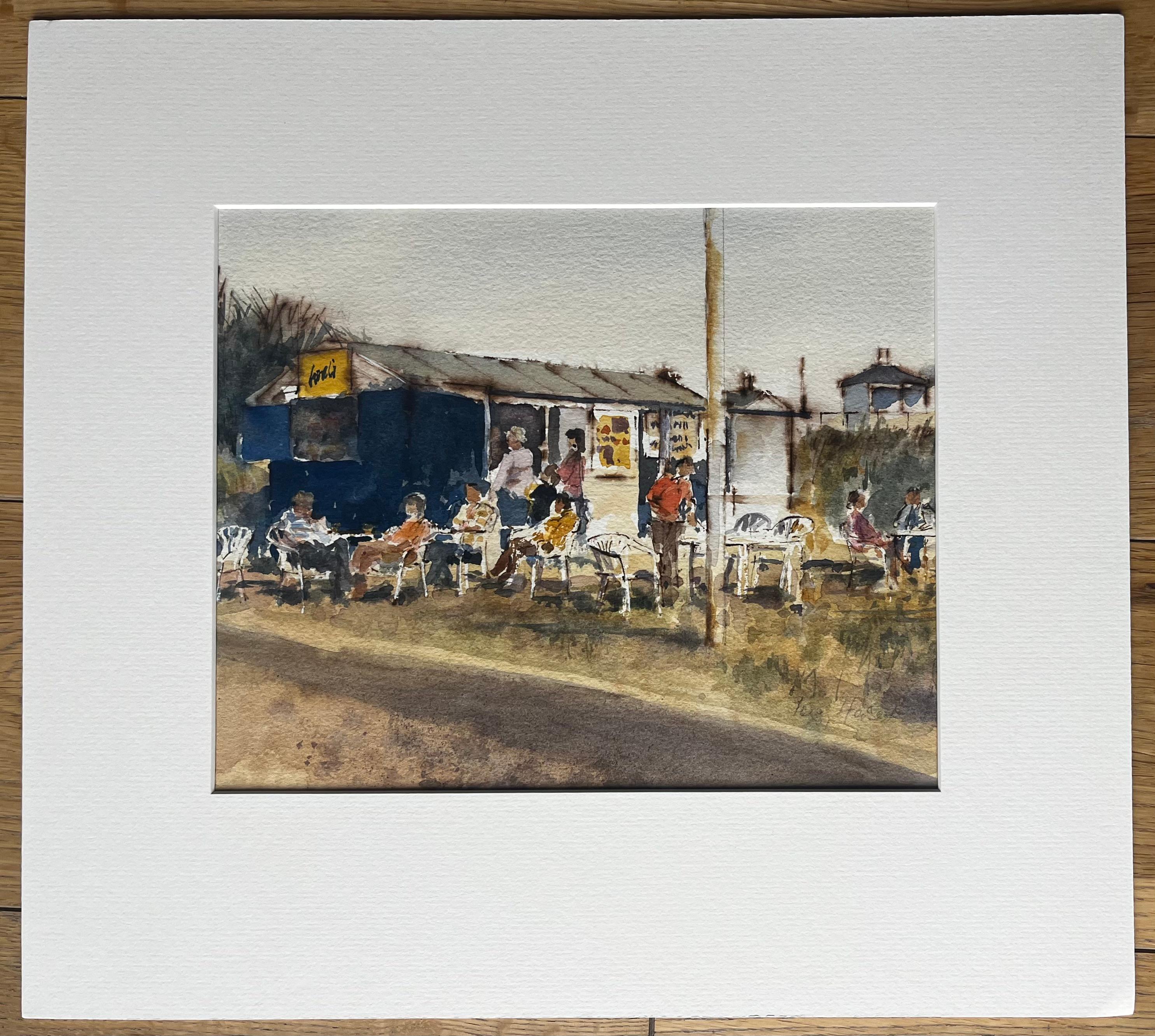 Café au bord de la mer avec personnages et chaises longues Aquarelle originale de la côte britannique - Art de Anthony Herbert