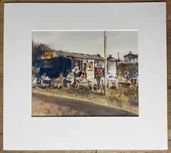 Seaside Café with Figures and Deckchairs Original British Coastal Watercolour