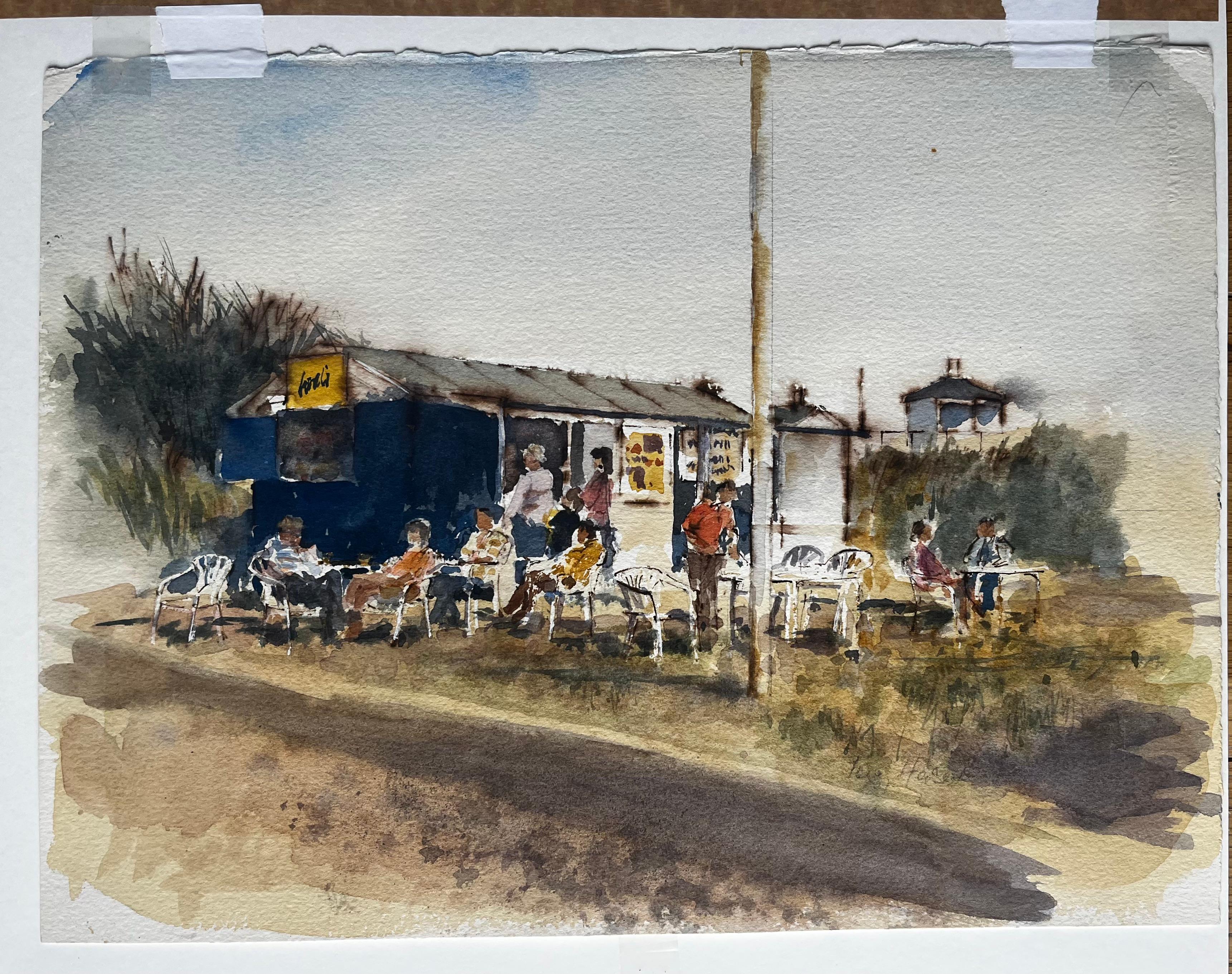 Café au bord de la mer avec personnages et chaises longues Aquarelle originale de la côte britannique - Impressionnisme Art par Anthony Herbert