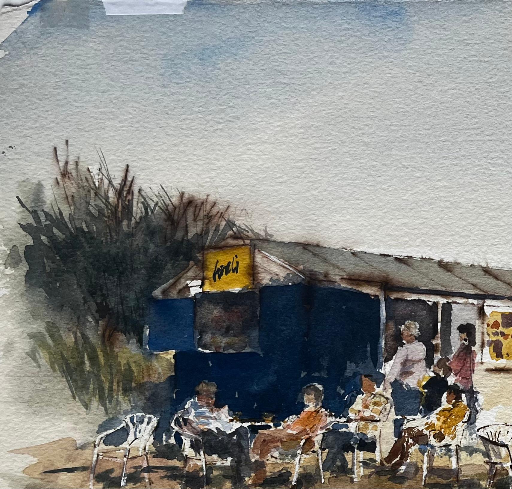 Café au bord de la mer avec personnages et chaises longues Aquarelle originale de la côte britannique - Marron Landscape Art par Anthony Herbert