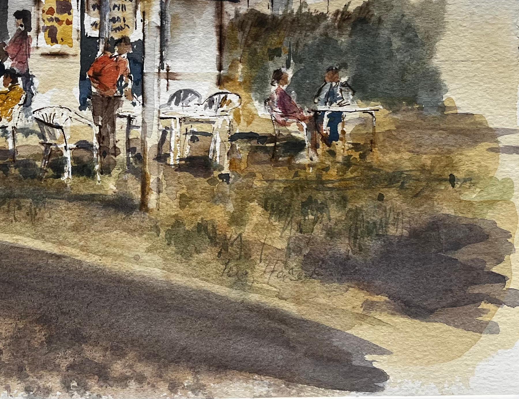 Café au bord de la mer avec personnages et chaises longues Aquarelle originale de la côte britannique en vente 1