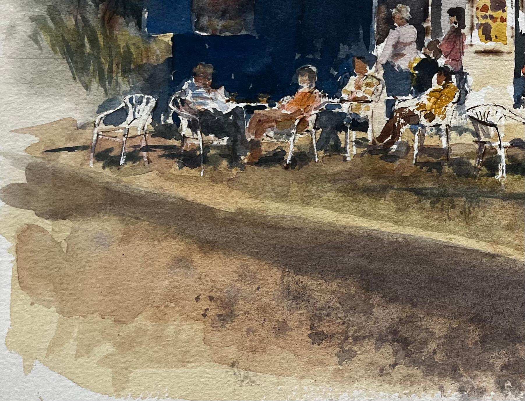Café au bord de la mer avec personnages et chaises longues Aquarelle originale de la côte britannique en vente 2