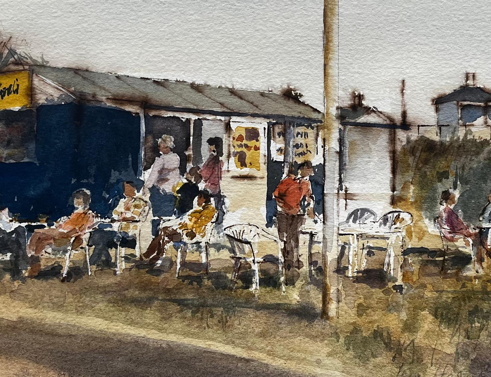 Café au bord de la mer avec personnages et chaises longues Aquarelle originale de la côte britannique en vente 3