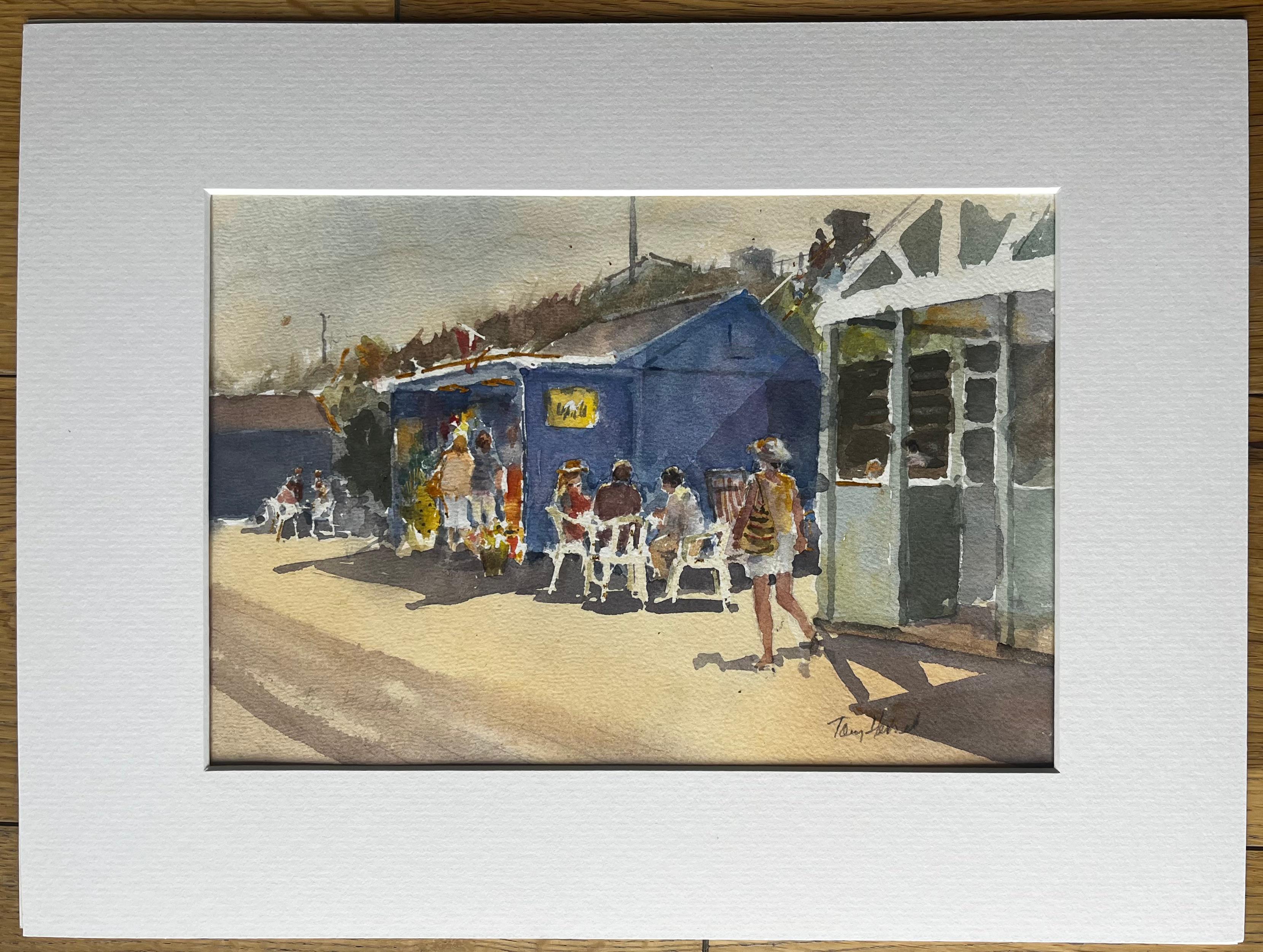 Kiosque de crème glacée au bord de la mer avec des vacanciers en chapeau de soleil Aquarelle britannique - Art de Anthony Herbert