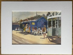 Seaside Ice Cream Kiosk with Holidaymakers in Sun Hats British Watercolour