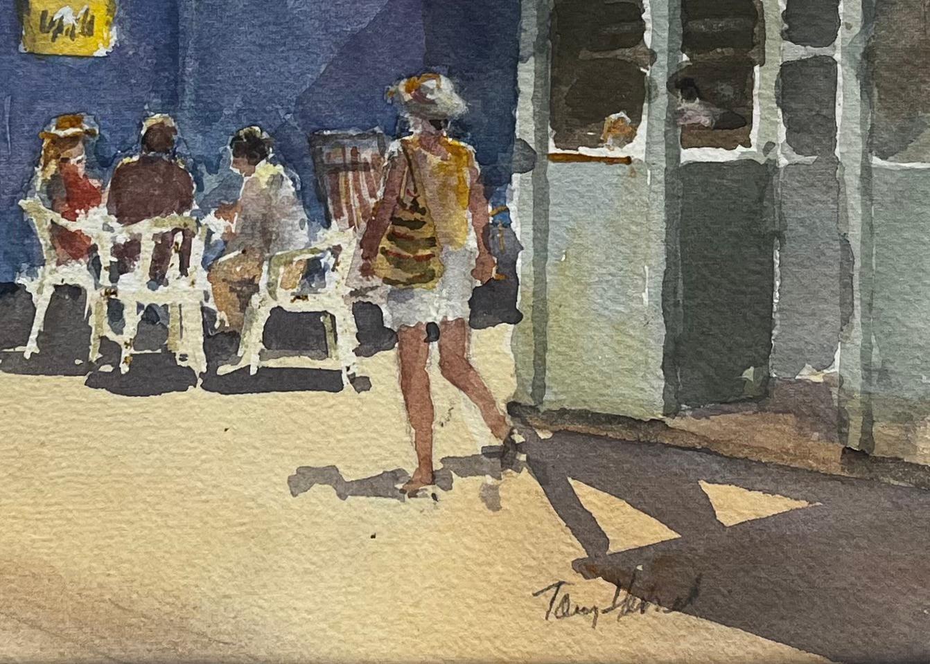 Kiosque de crème glacée au bord de la mer avec des vacanciers en chapeau de soleil Aquarelle britannique - Impressionnisme Art par Anthony Herbert