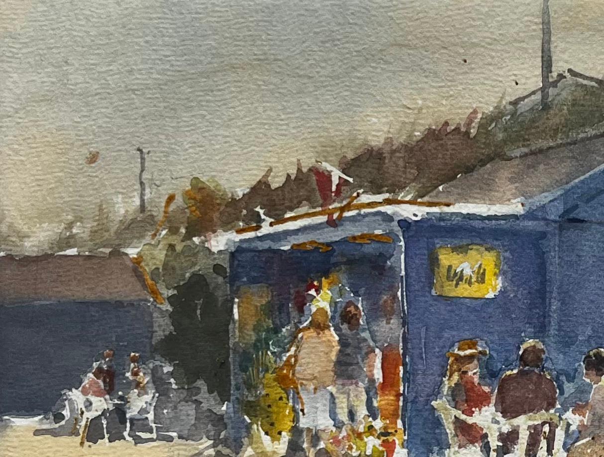Titre : Kiosque de crème glacée au bord de la mer avec des vacanciers en chapeau de soleil Aquarelle britannique
Par Tony Herbert (1927-2024)
Signé : En bas à droite
Moyen d'expression : Aquarelle sur papier, montée
Taille : 12 pouces (hauteur) x 16