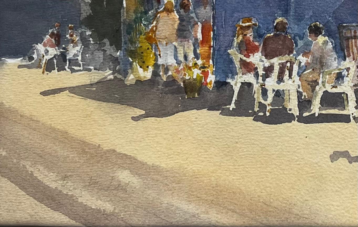 Kiosque de crème glacée au bord de la mer avec des vacanciers en chapeau de soleil Aquarelle britannique en vente 1