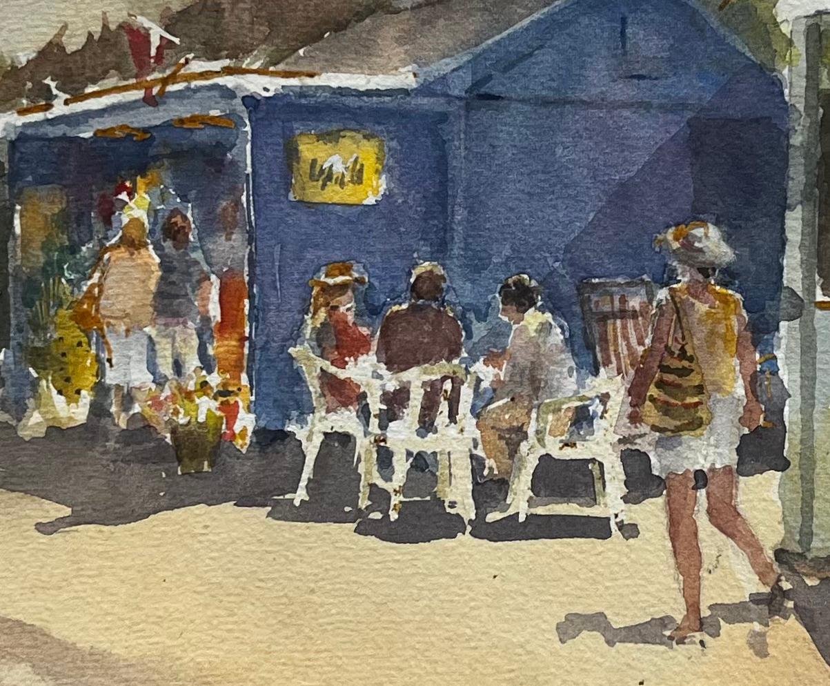 Kiosque de crème glacée au bord de la mer avec des vacanciers en chapeau de soleil Aquarelle britannique en vente 2