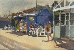Kiosque de crème glacée au bord de la mer avec des vacanciers en chapeau de soleil Aquarelle britannique