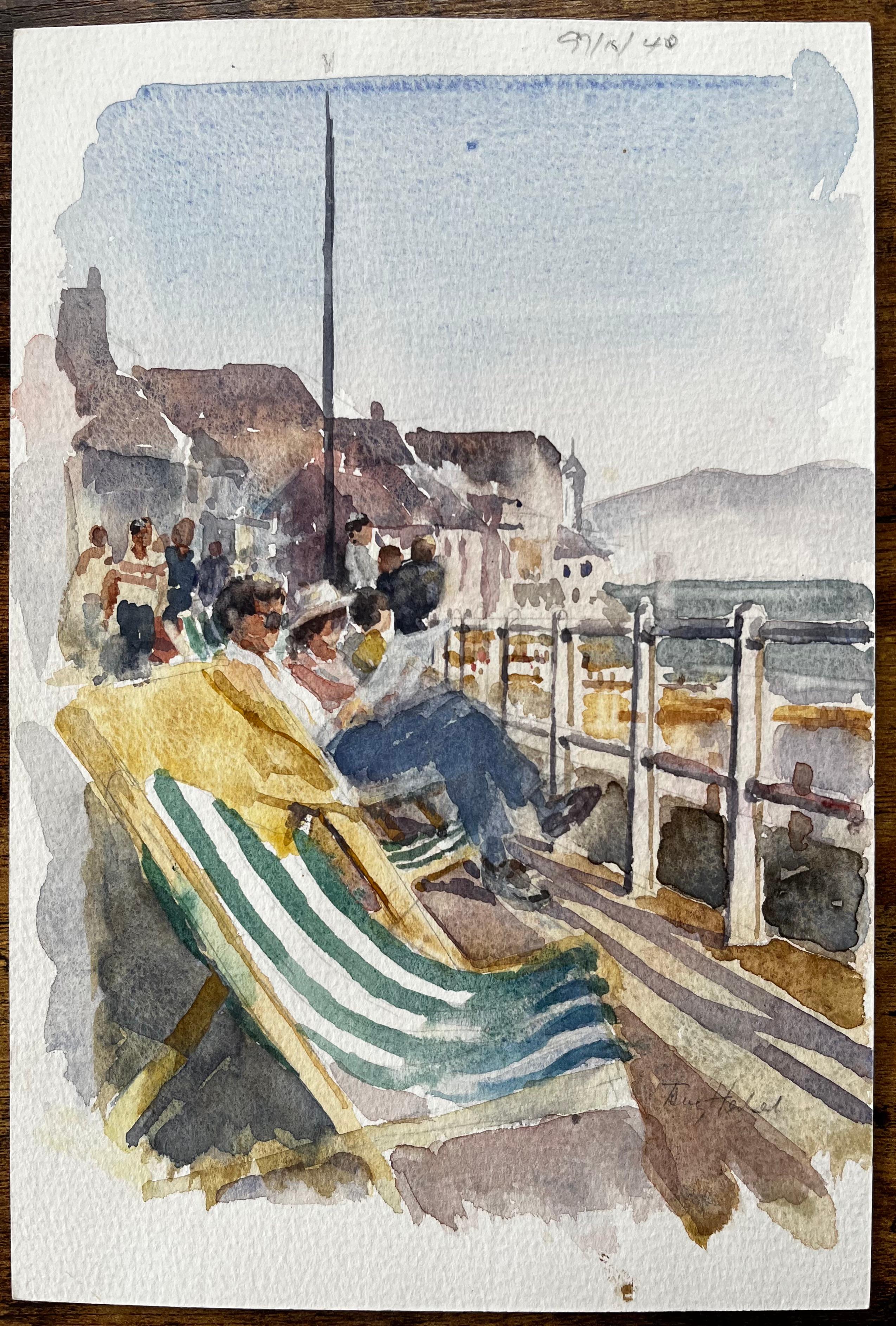 Seaside Promenade with Deckchairs Summer Crowd and Ocean View Watercolour - Painting by Anthony Herbert