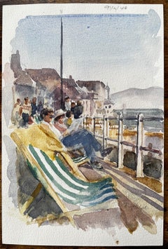Strandpromenade mit Liegestühlen Sommerliches Gedränge und Meerblick Aquarell