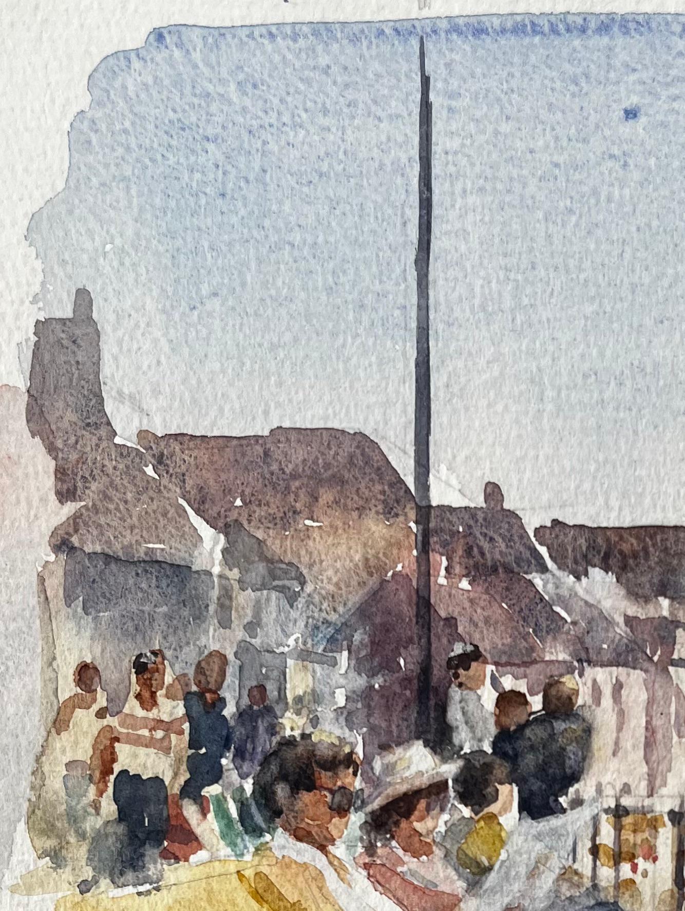 Seaside Promenade with Deckchairs Summer Crowd and Ocean View Watercolour - Impressionist Painting by Anthony Herbert