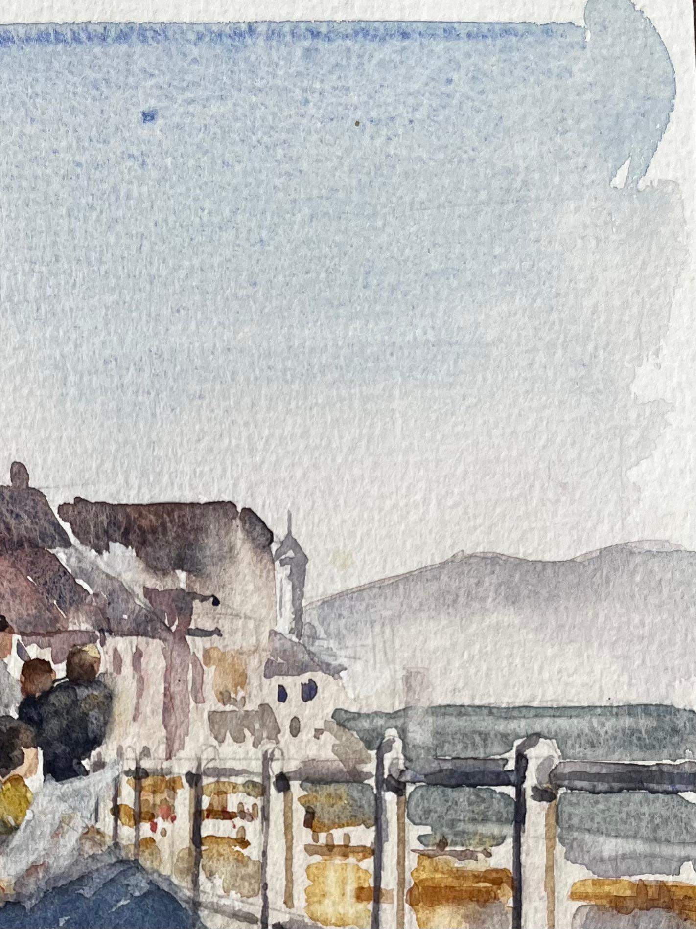 Seaside Promenade with Deckchairs Summer Crowd and Ocean View Watercolour - Gray Figurative Painting by Anthony Herbert