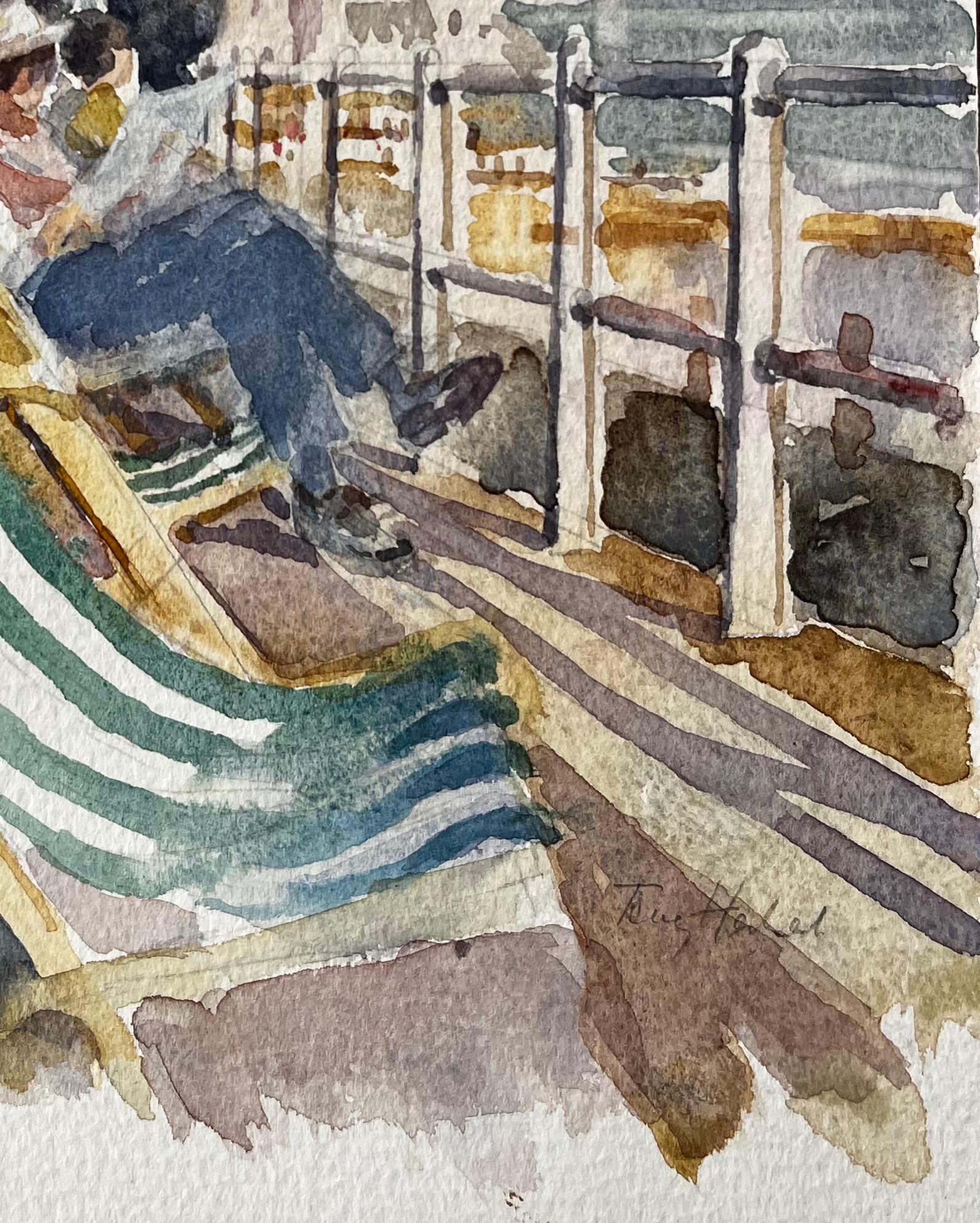 Title: Seaside Promenade with Deckchairs Summer Crowd and Ocean View Watercolour Painting
By Tony Herbert (1927-2024)
Signed: Lower right
Medium: Watercolor on artists paper
Size: 11 x 15 inches 
Condition: Good overall; light edge wear to paper