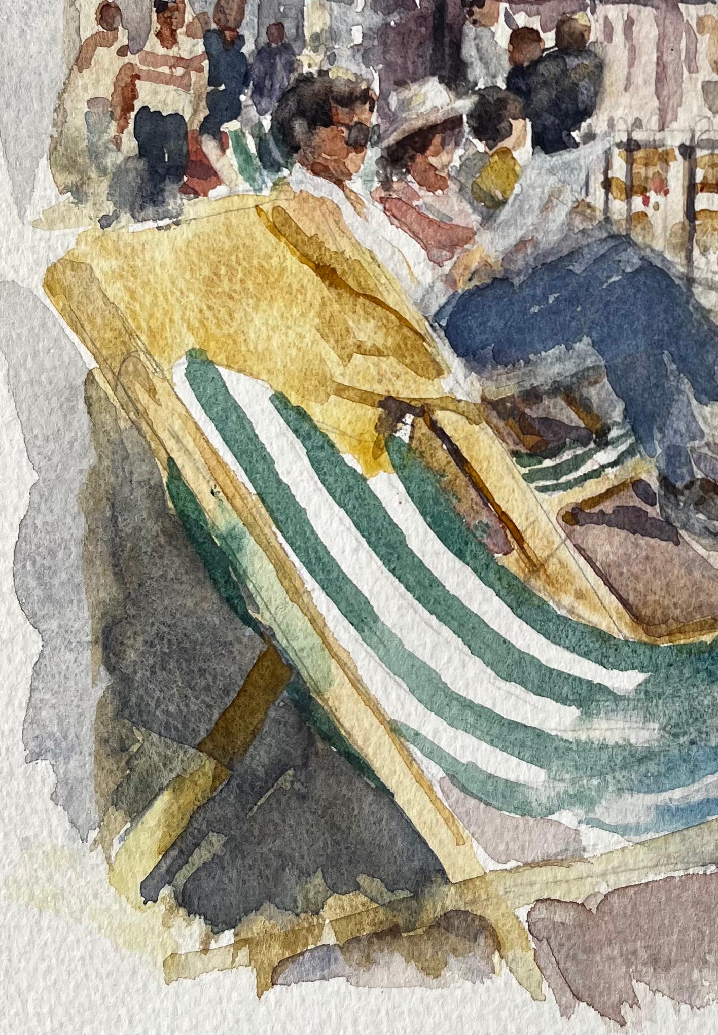 Seaside Promenade with Deckchairs Summer Crowd and Ocean View Watercolour For Sale 1