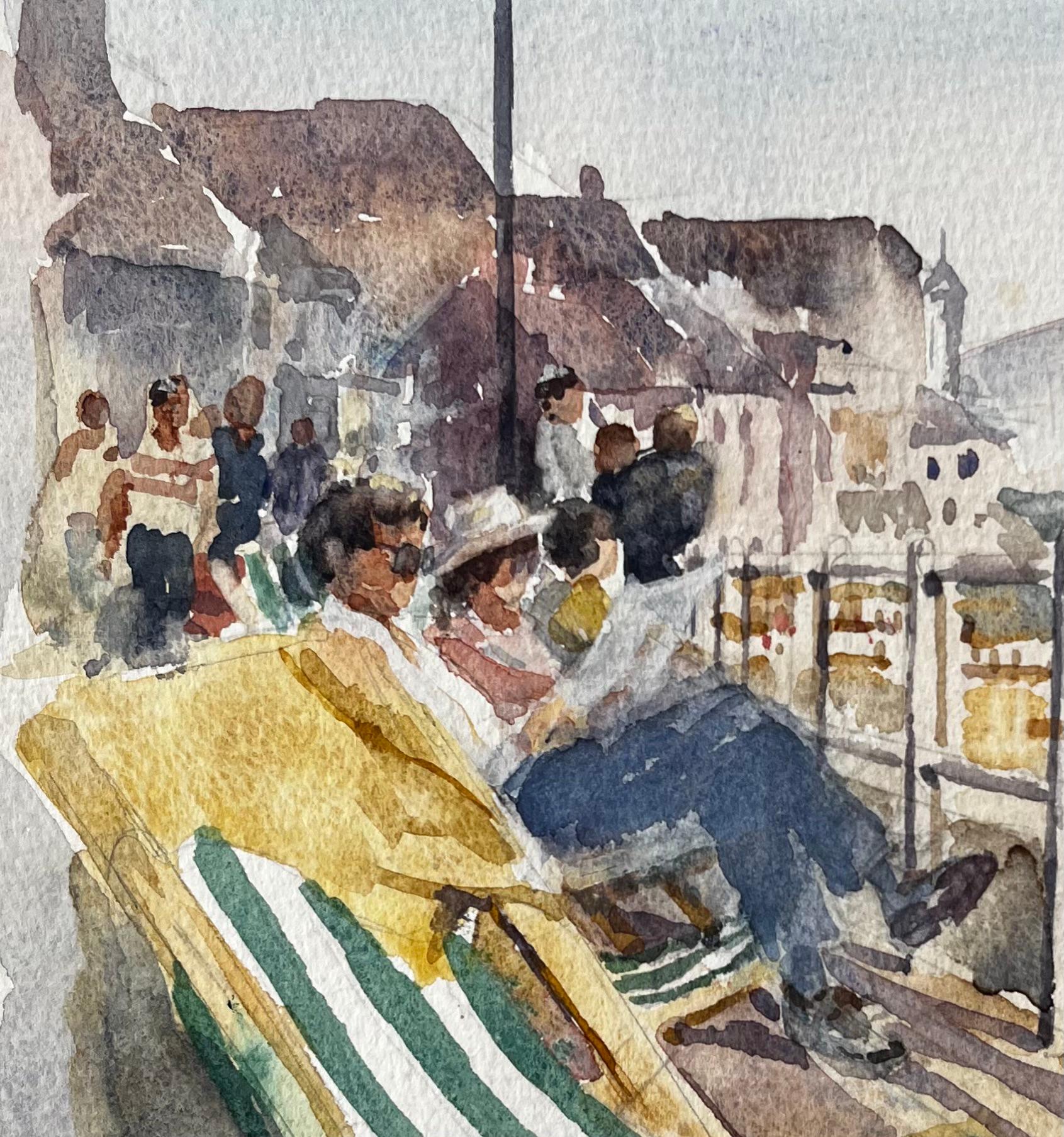 Seaside Promenade with Deckchairs Summer Crowd and Ocean View Watercolour For Sale 2