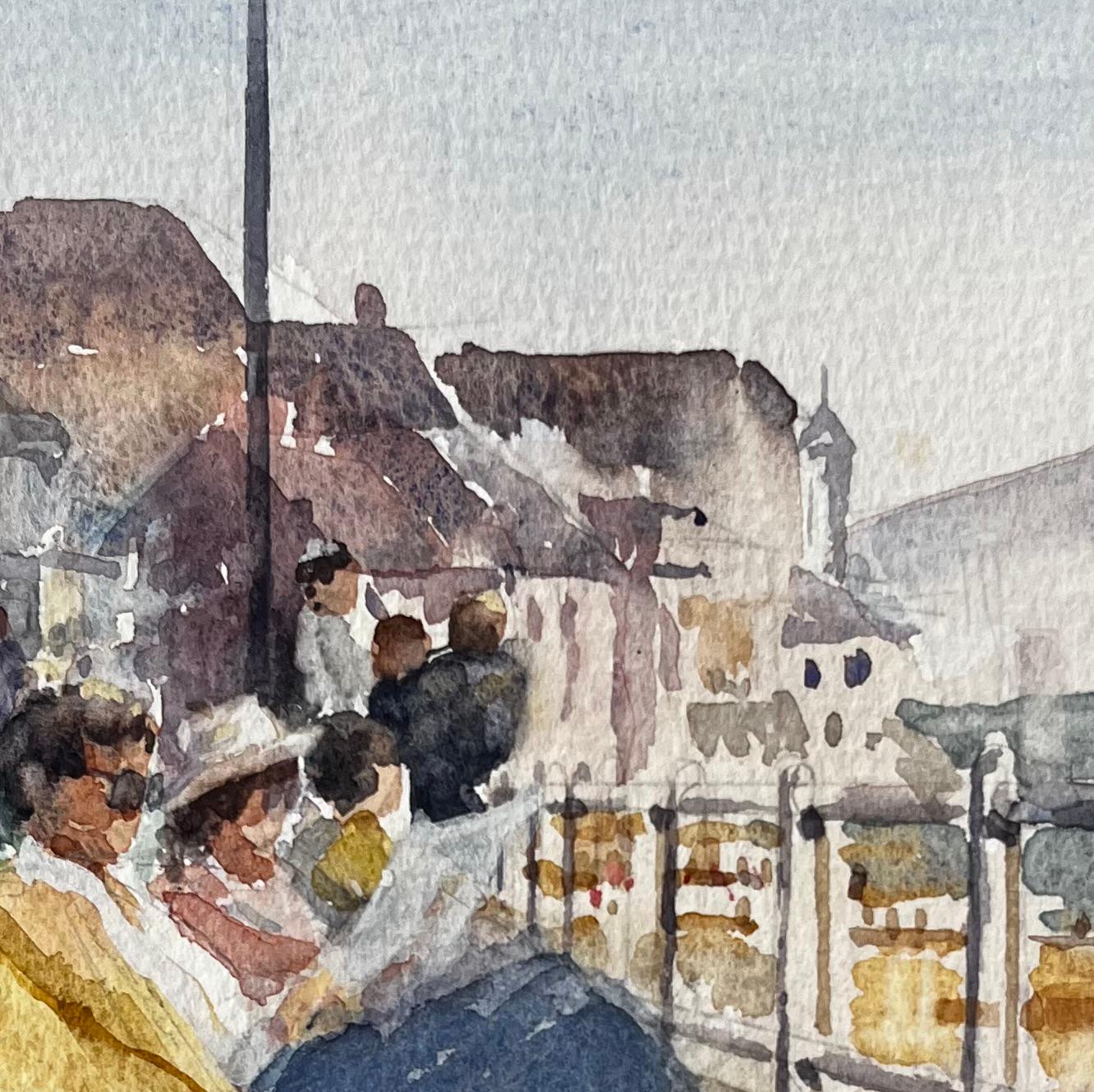 Seaside Promenade with Deckchairs Summer Crowd and Ocean View Watercolour For Sale 3