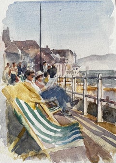 Seaside Promenade with Deckchairs Summer Crowd and Ocean View Watercolour