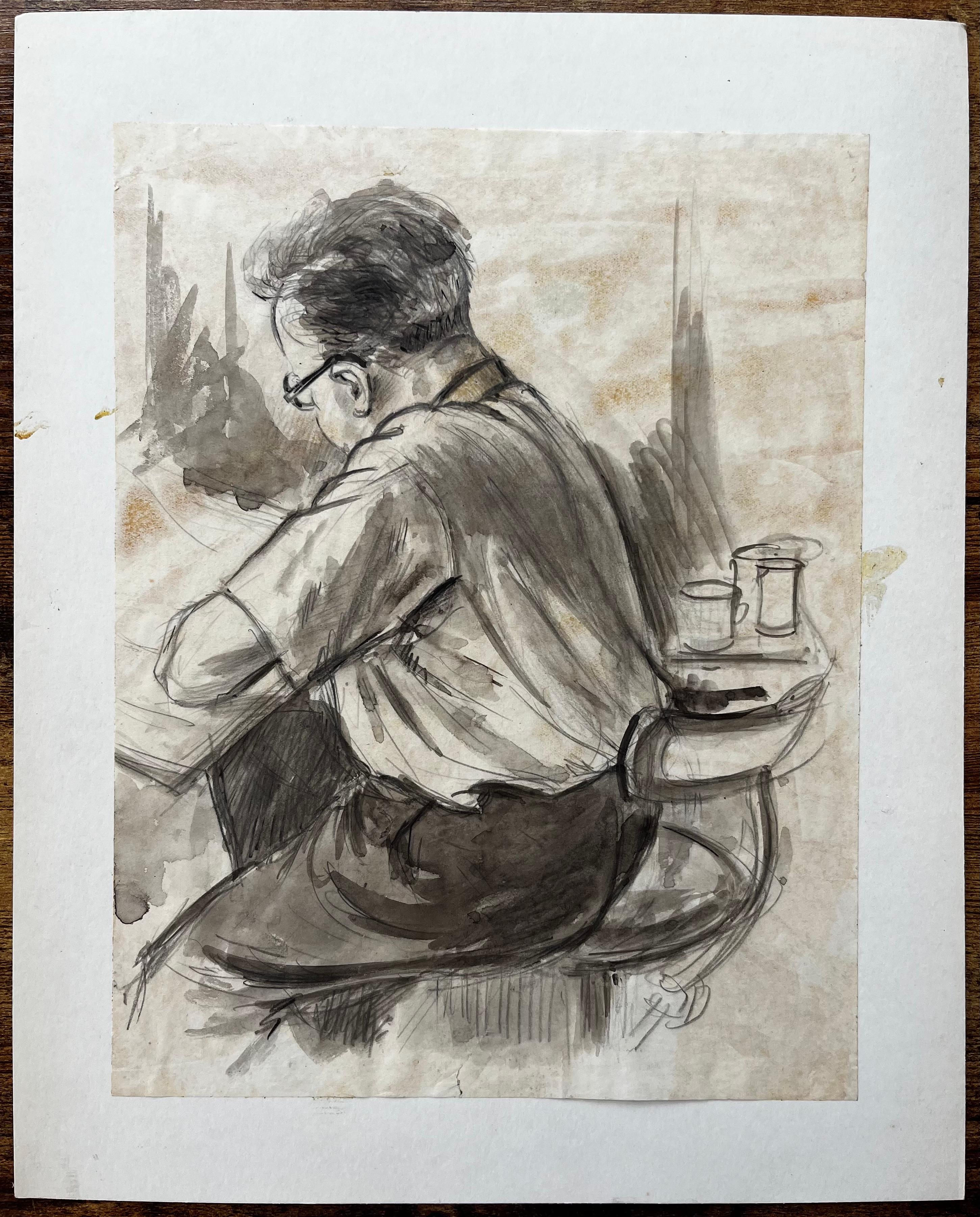 Sitzender Mann Skizze mit Kaffeetassen in monochromen Tinte und waschen – Art von Anthony Herbert