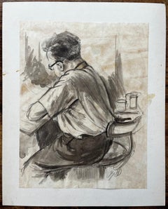 Seated Man Sketch With Coffee Cups In Monochrome Ink And Wash