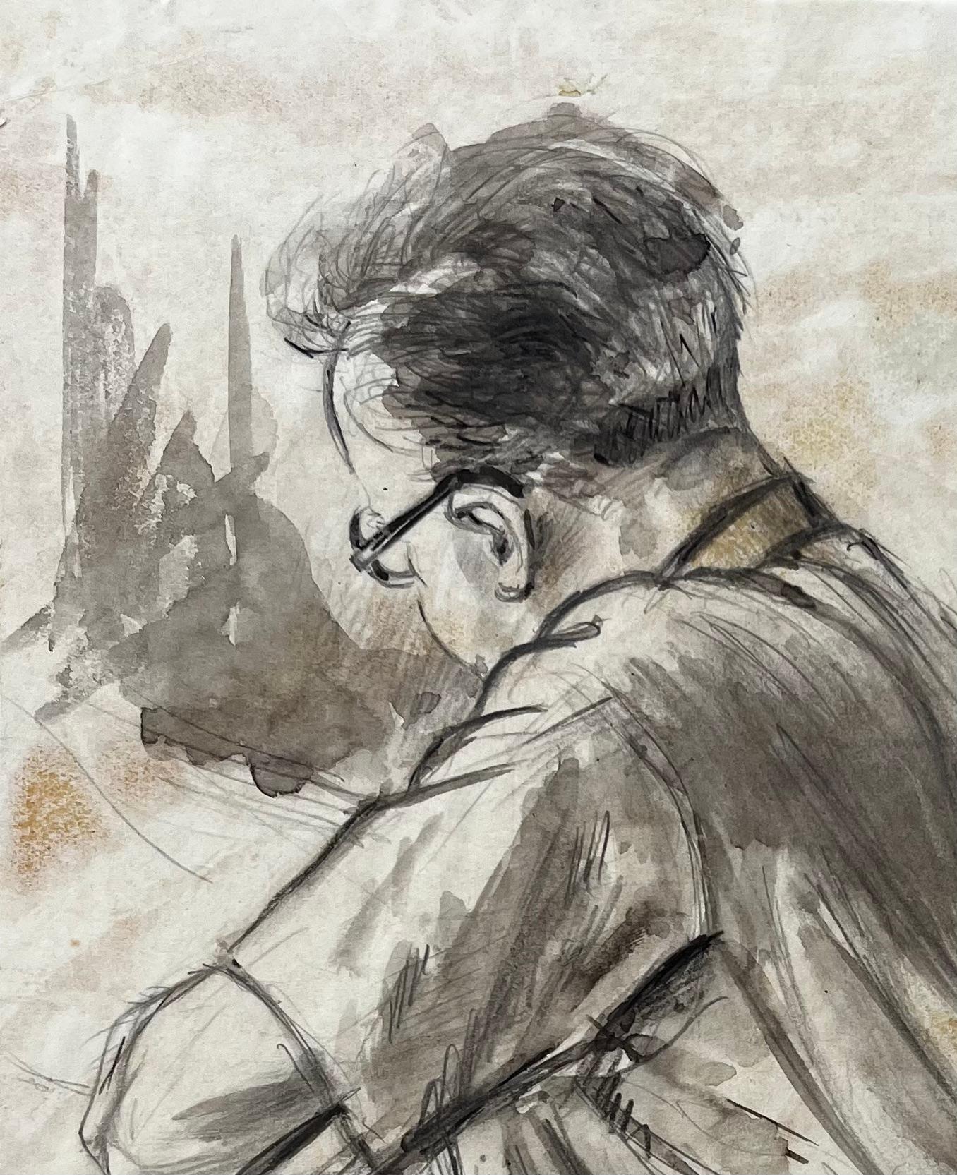 Sitzender Mann Skizze mit Kaffeetassen in monochromen Tinte und waschen (Impressionismus), Art, von Anthony Herbert