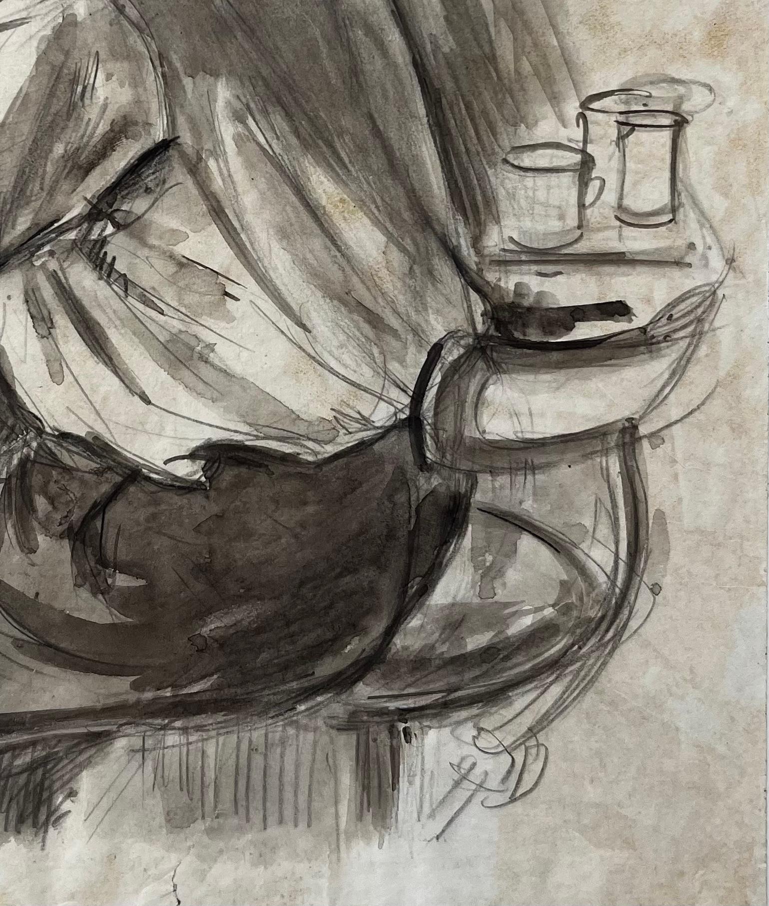 Titel: Sitzender Mann Skizze mit Kaffeetassen in monochromer Tusche und Wash
Von Tony Herbert (1927-2024)
Medium: Aquarell auf Papier, ungerahmt
Größe: 13,75 Zoll (Höhe) x 11 Zoll (Breite)
Zustand: gut, einige altersbedingte