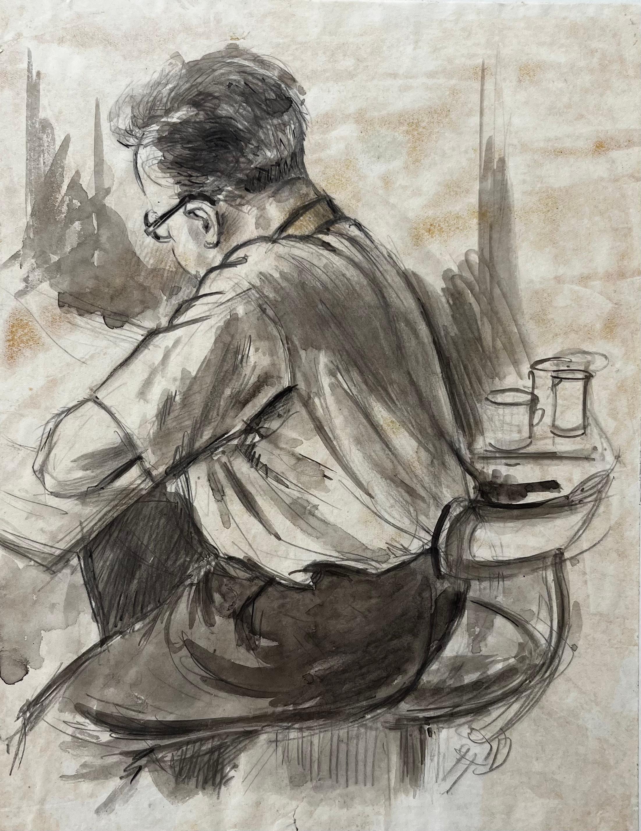 Anthony Herbert Figurative Art – Sitzender Mann Skizze mit Kaffeetassen in monochromen Tinte und waschen