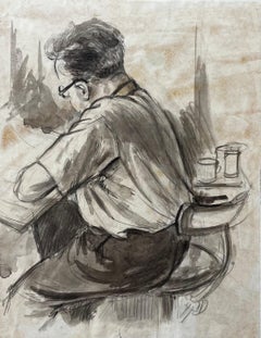 Sitzender Mann Skizze mit Kaffeetassen in monochromen Tinte und waschen