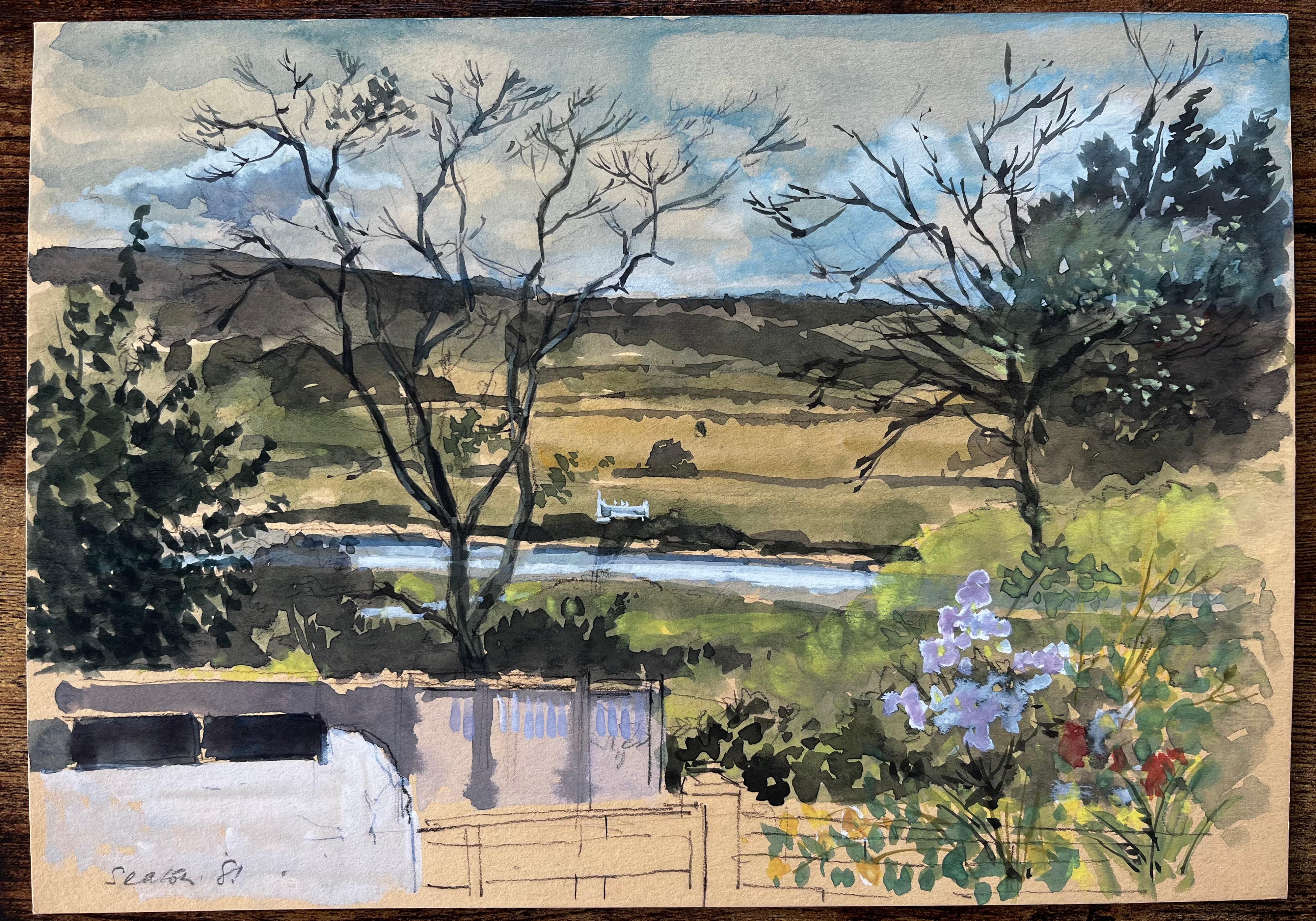 Seaton Devon Landscape View Through Trees with River and Garden Flowers 1981 - Painting by Anthony Herbert