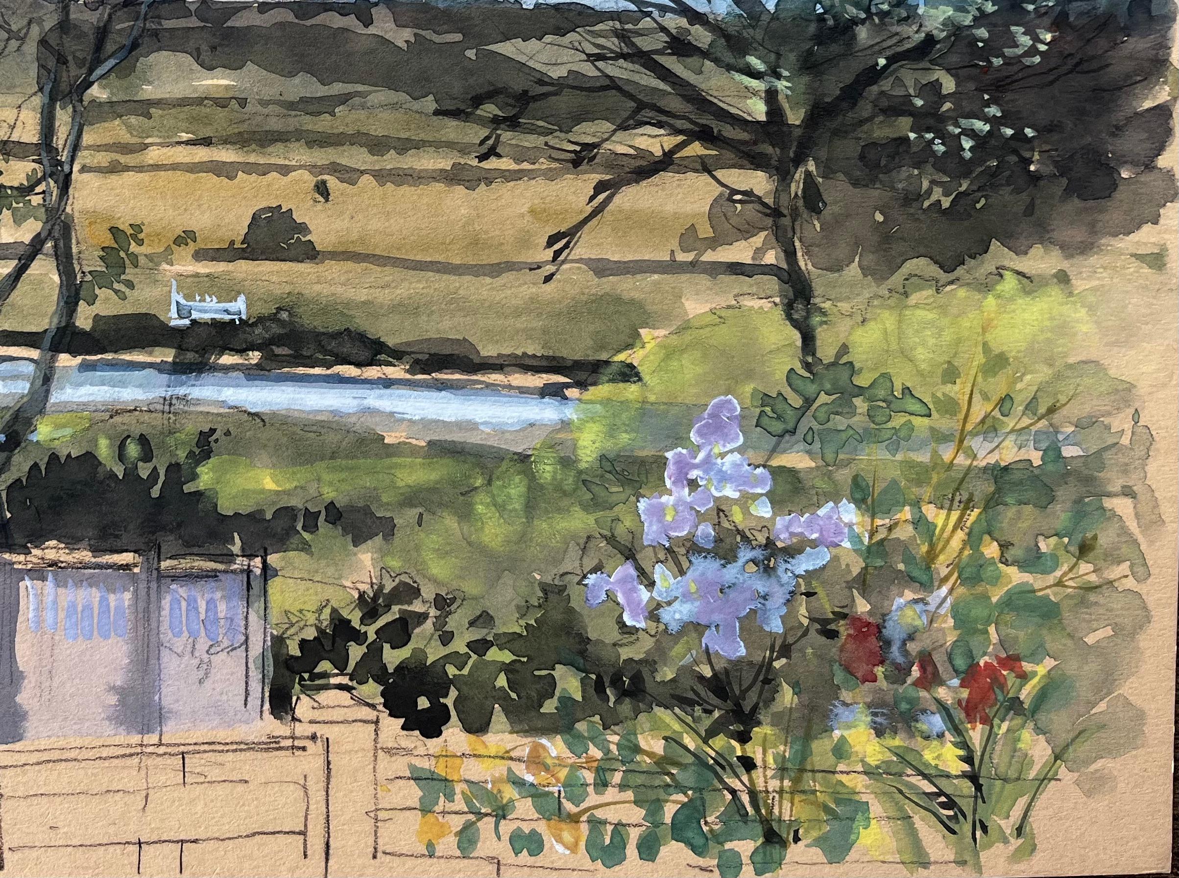 Seaton Devon Landscape View Through Trees with River and Garden Flowers 1981 - Impressionist Painting by Anthony Herbert