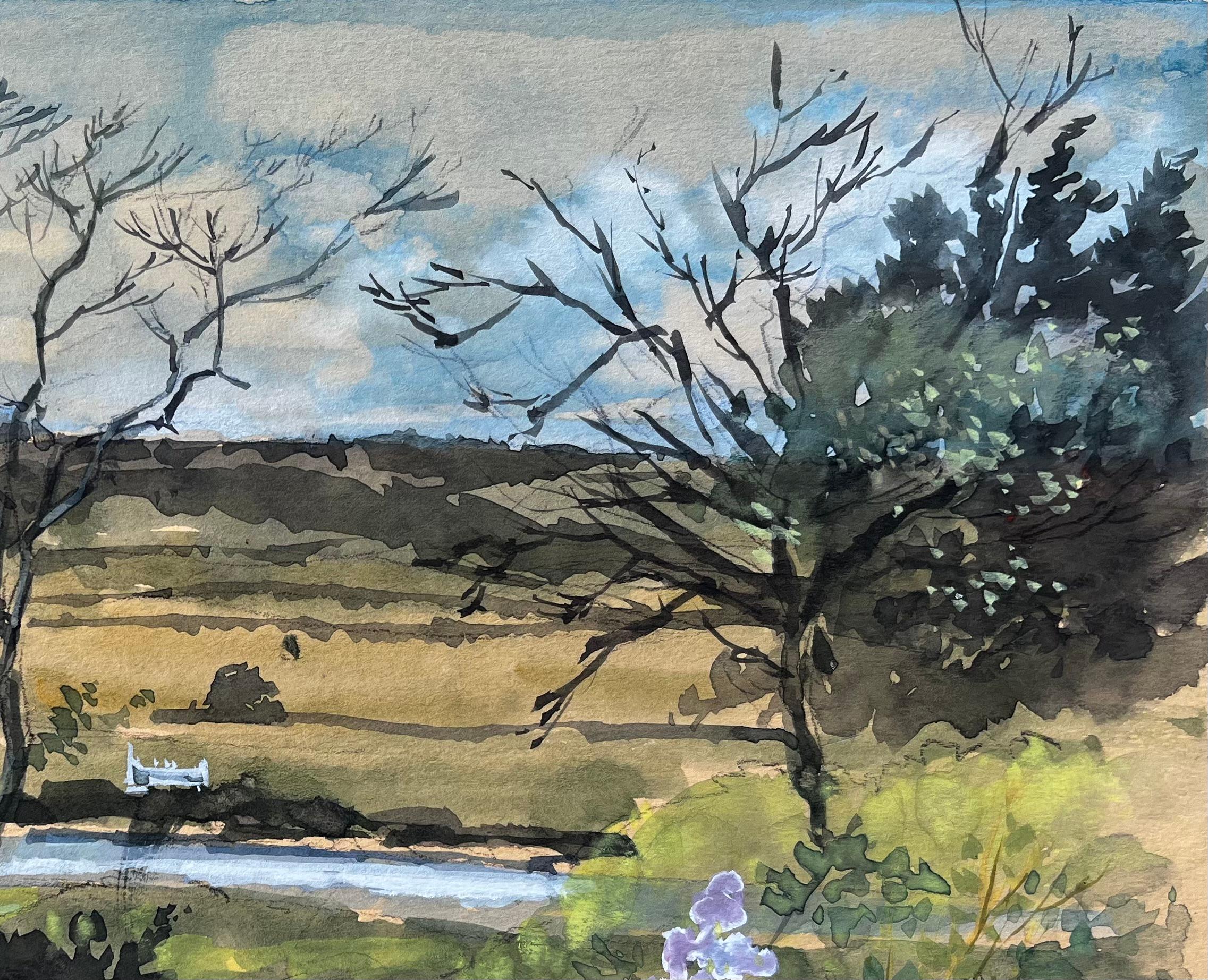 Seaton Devon Landscape View Through Trees with River and Garden Flowers 1981 - Gray Landscape Painting by Anthony Herbert