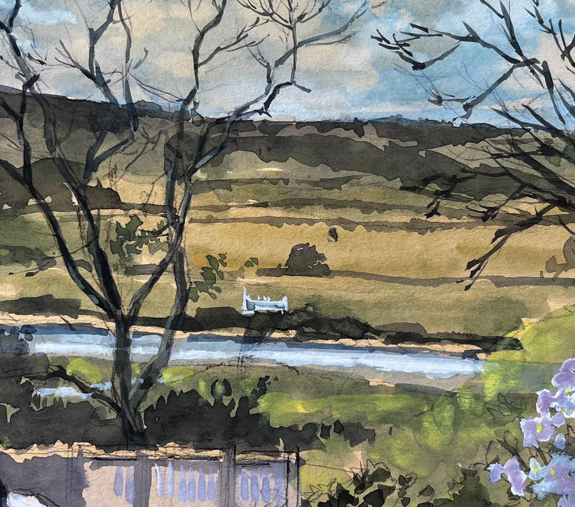 Seaton Devon Landscape View Through Trees with River and Garden Flowers 1981 For Sale 1