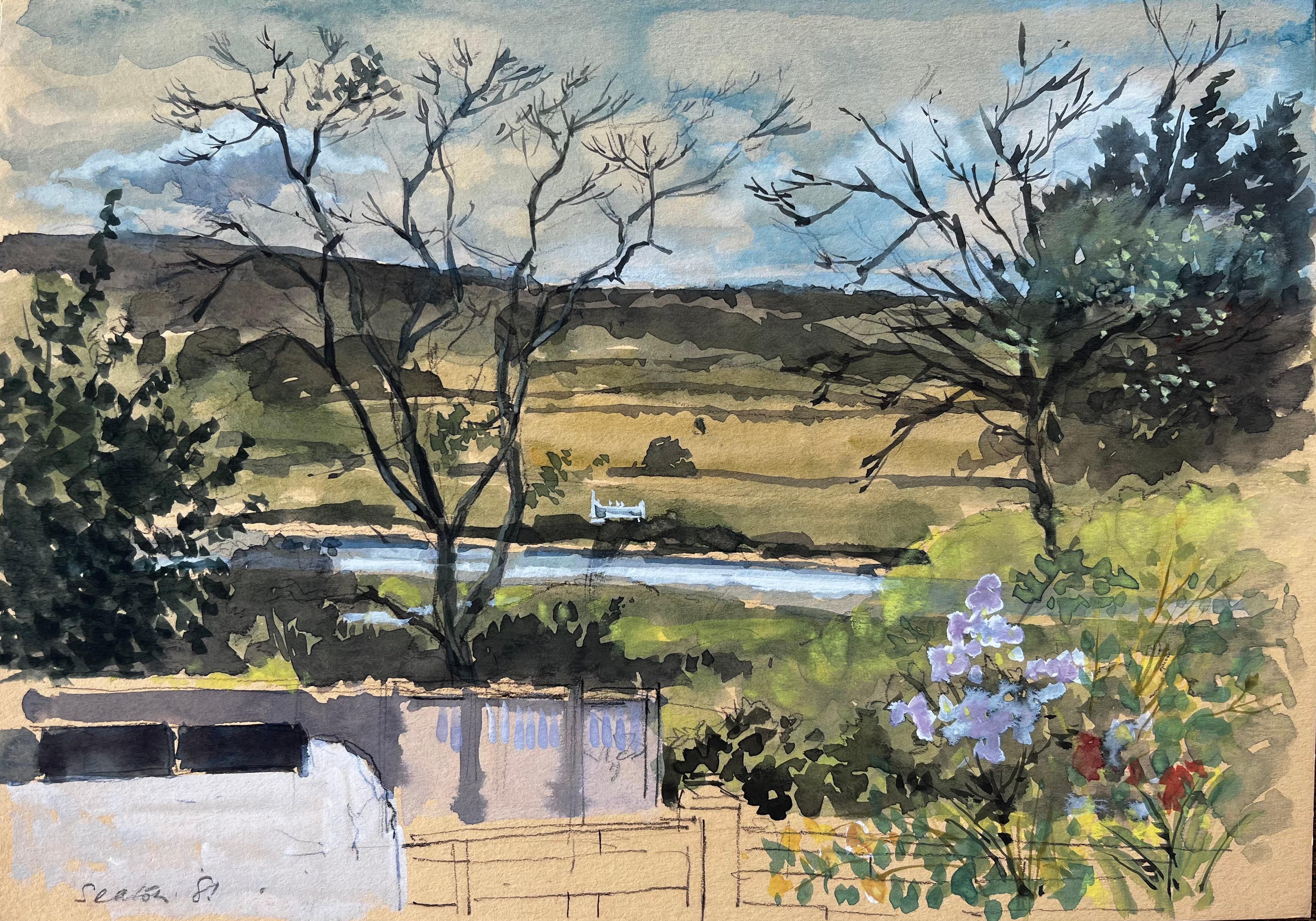 Anthony Herbert Landscape Painting - Seaton Devon Landscape View Through Trees with River and Garden Flowers 1981
