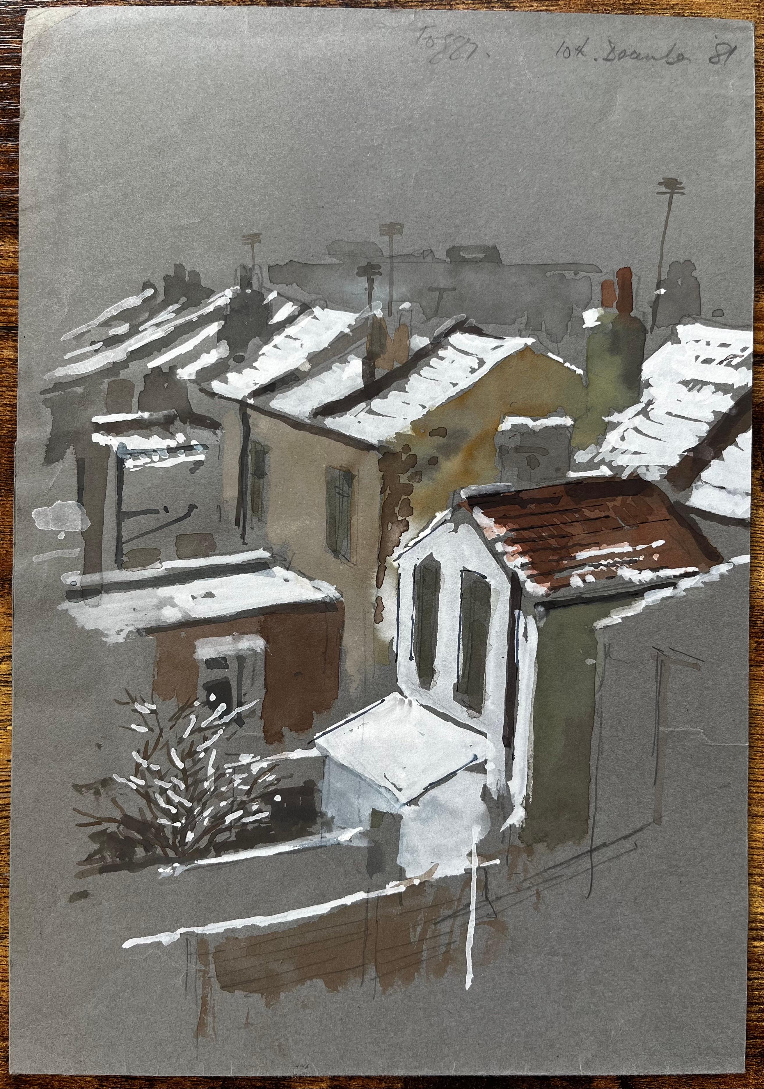Schneebedeckte Dächer in Südlondon Aquarellszene Winter 1981 – Painting von Anthony Herbert